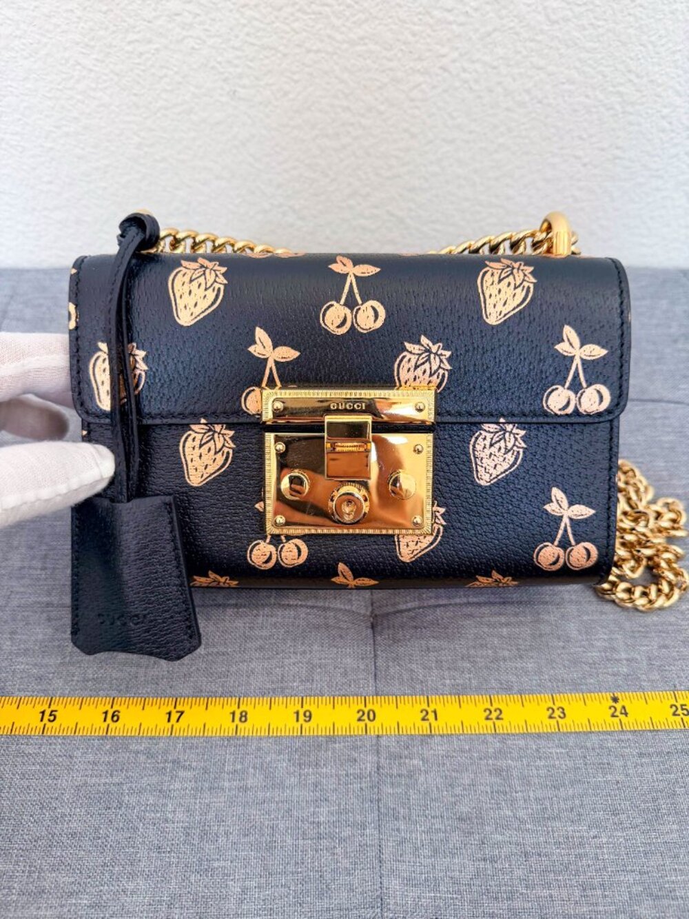 Authentic Gucci Padlock Mini Leather Shoulder Bag Cherry Strawberry Print